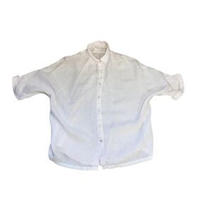 120% LINO Women's Boxy Fit Short Sleeve Button Down Shirt Cream Size Medium